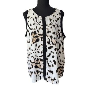 Vince Camuto Womens Leopard Print Sleeveless Blouse Black White Tan Size L